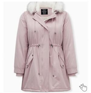NWT Torrid Twill Faux Fur Trim Parka Pink 1X 14/16 Hooded Winter Coat Plus Cozy